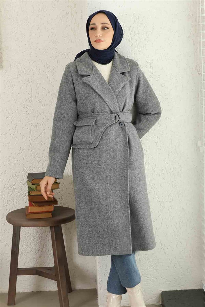 Çantalı Kaşe Kaban Gri