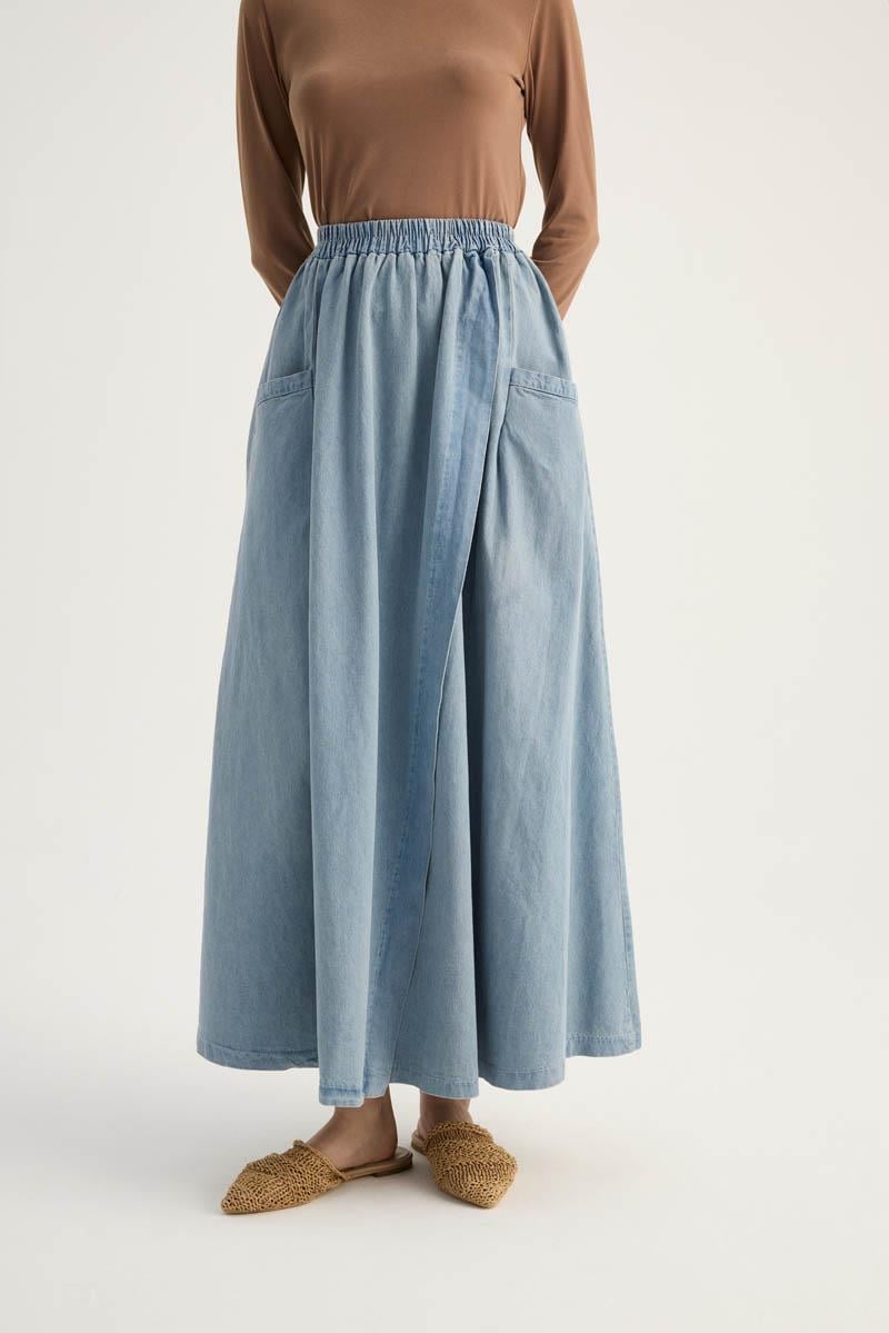 Çapraz Detaylı Denim Etek Buz Mavi