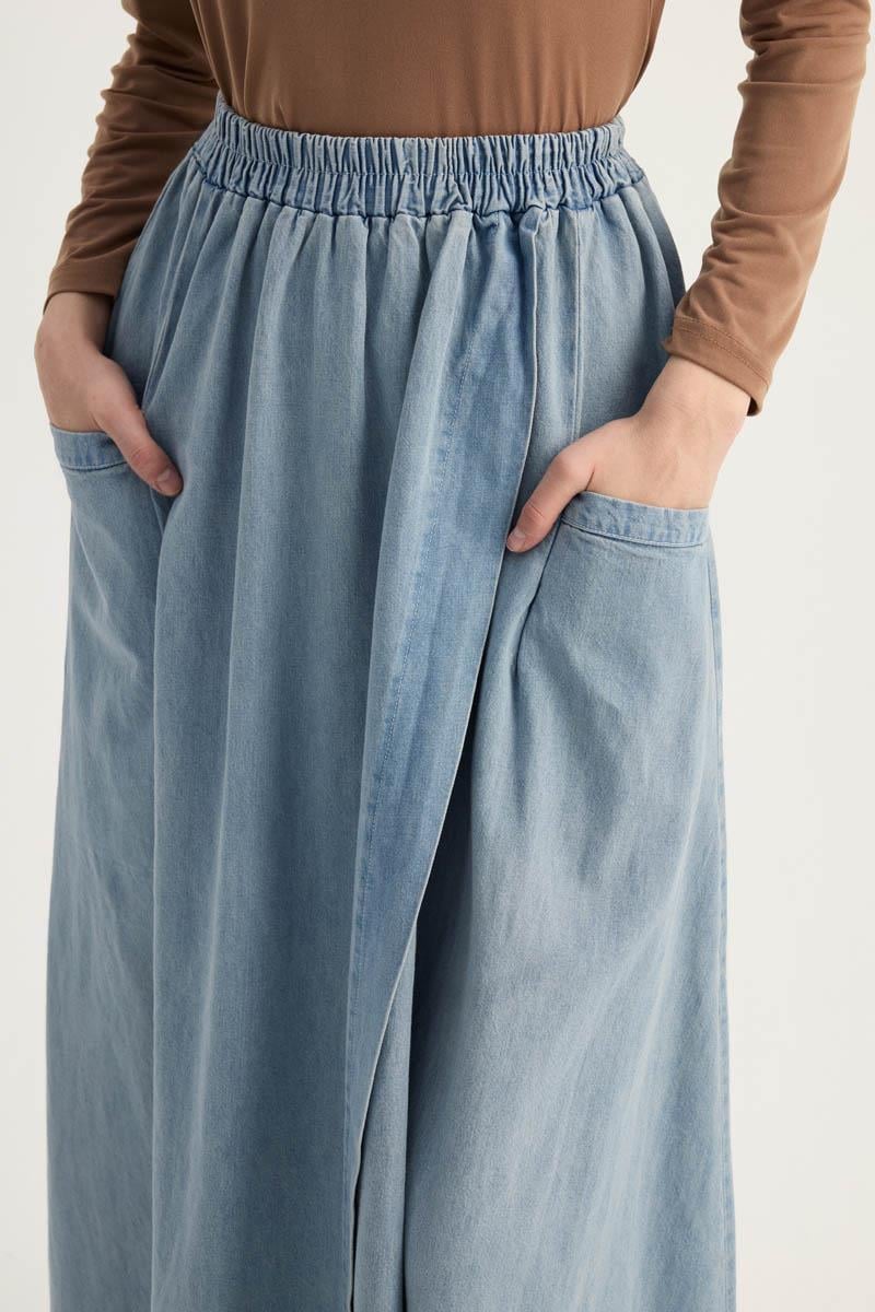 Çapraz Detaylı Denim Etek Buz Mavi