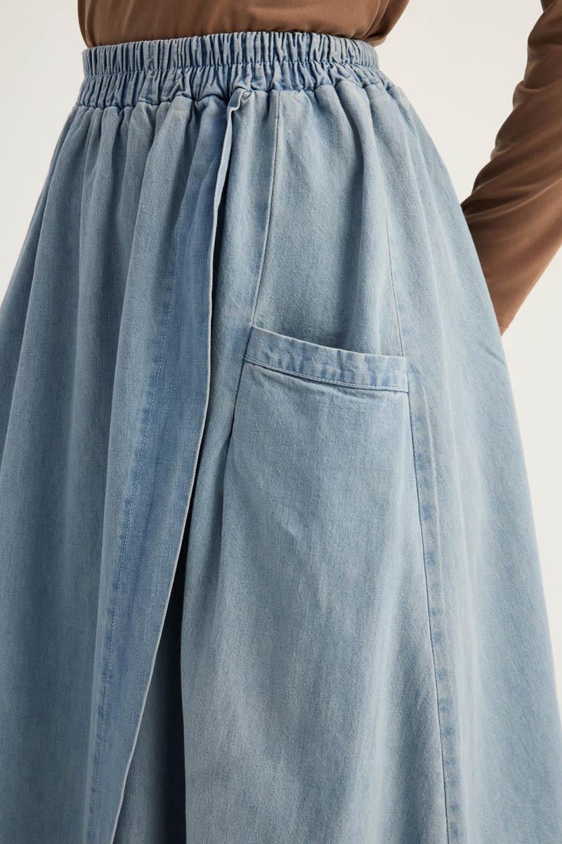 Çapraz Detaylı Denim Etek Buz Mavi