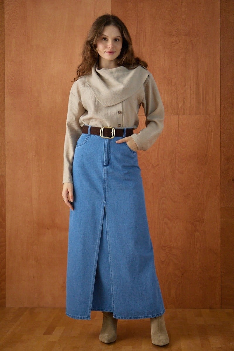 Çapraz Kesim Denim Etek Açık Mavi