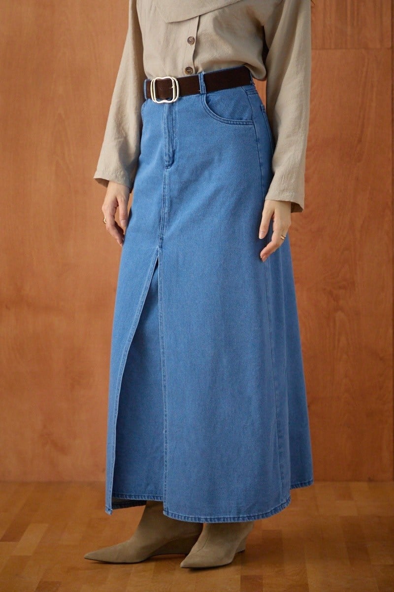 Çapraz Kesim Denim Etek Açık Mavi