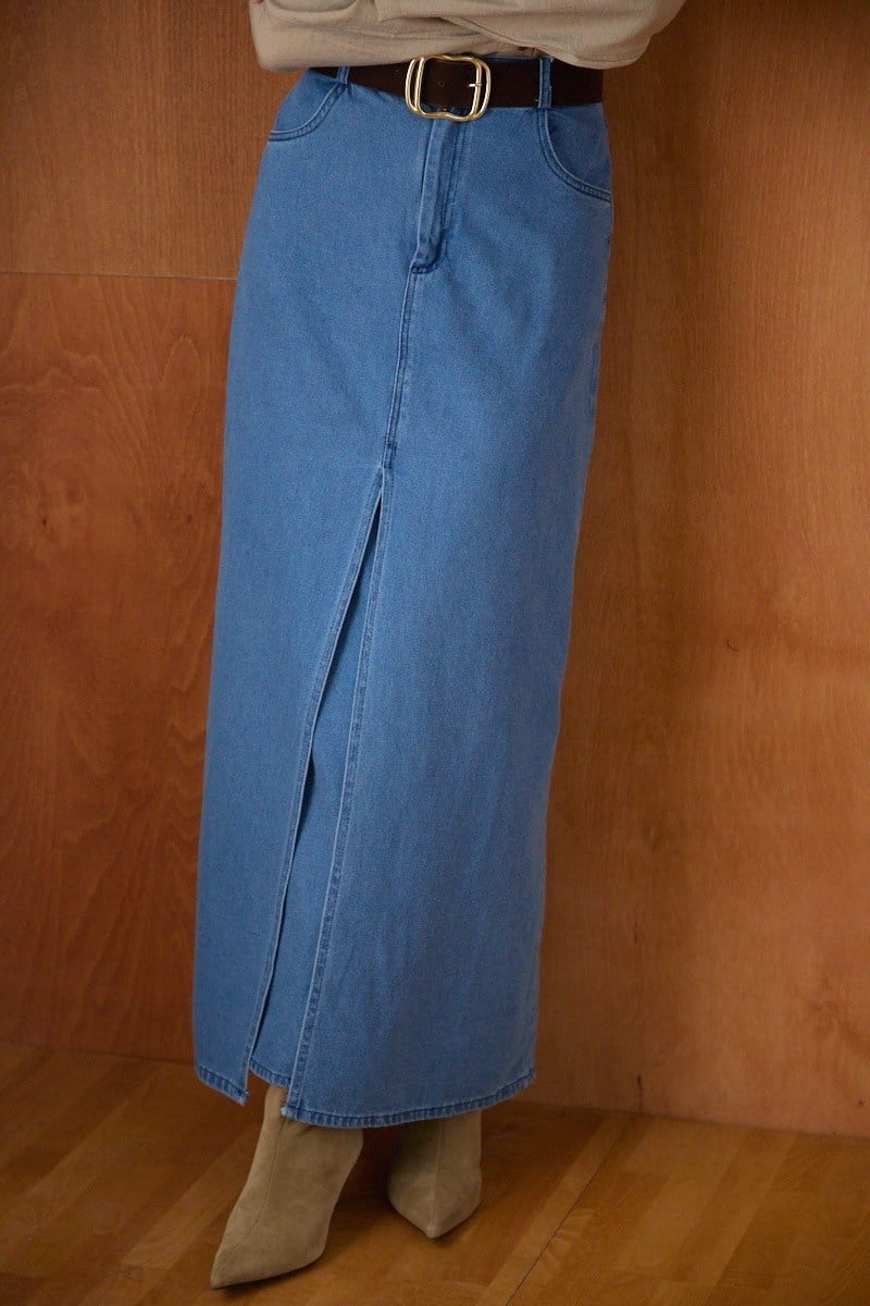 Çapraz Kesim Denim Etek Açık Mavi