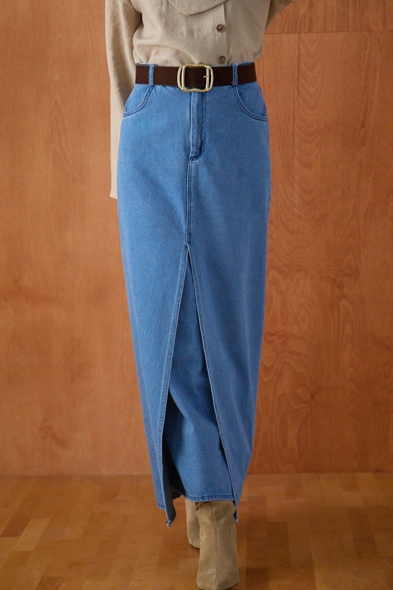 Çapraz Kesim Denim Etek Açık Mavi