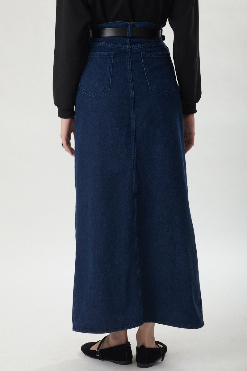 Çapraz Kesim Denim Etek Koyu Mavi