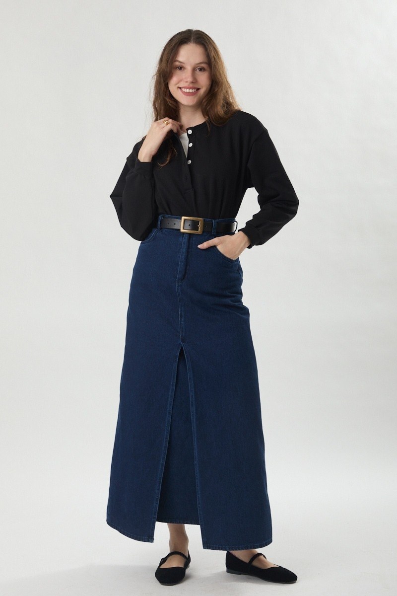 Çapraz Kesim Denim Etek Koyu Mavi