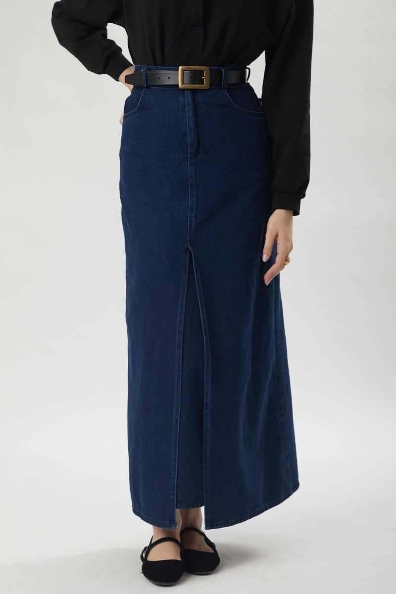 Çapraz Kesim Denim Etek Koyu Mavi
