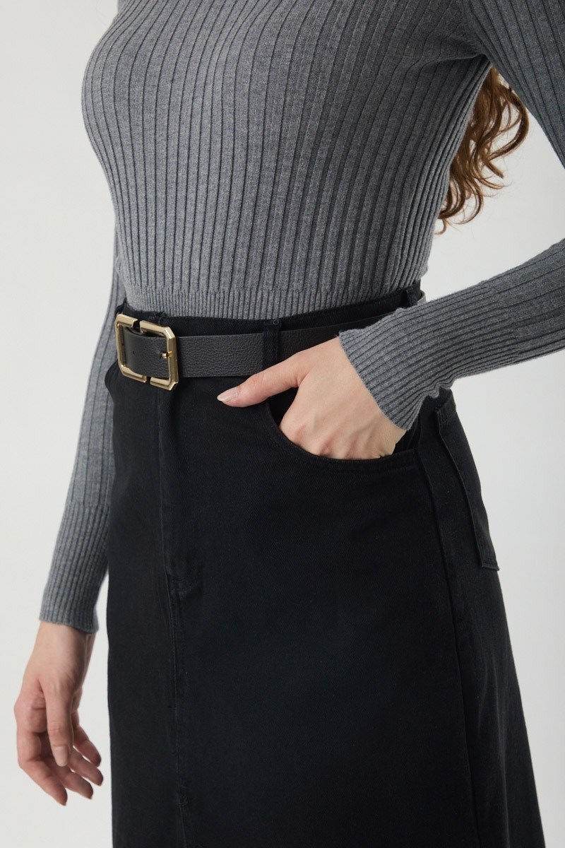Çapraz Kesim Denim Etek Siyah