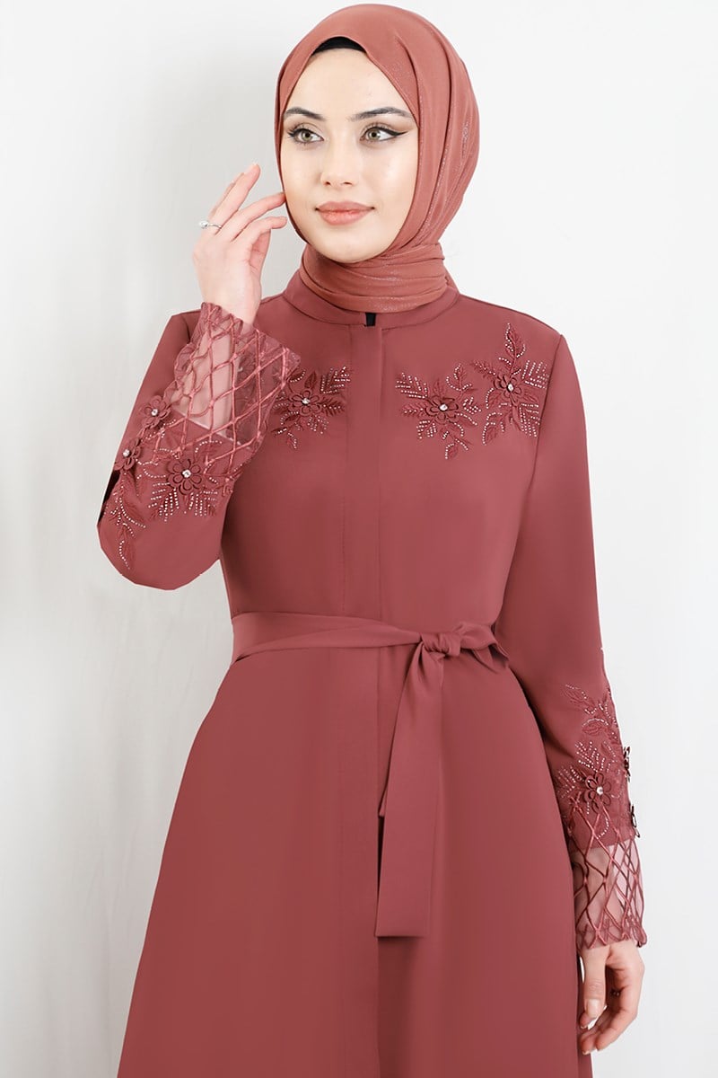 Çiçekli Taş İşlemeli Ferace Şeftali