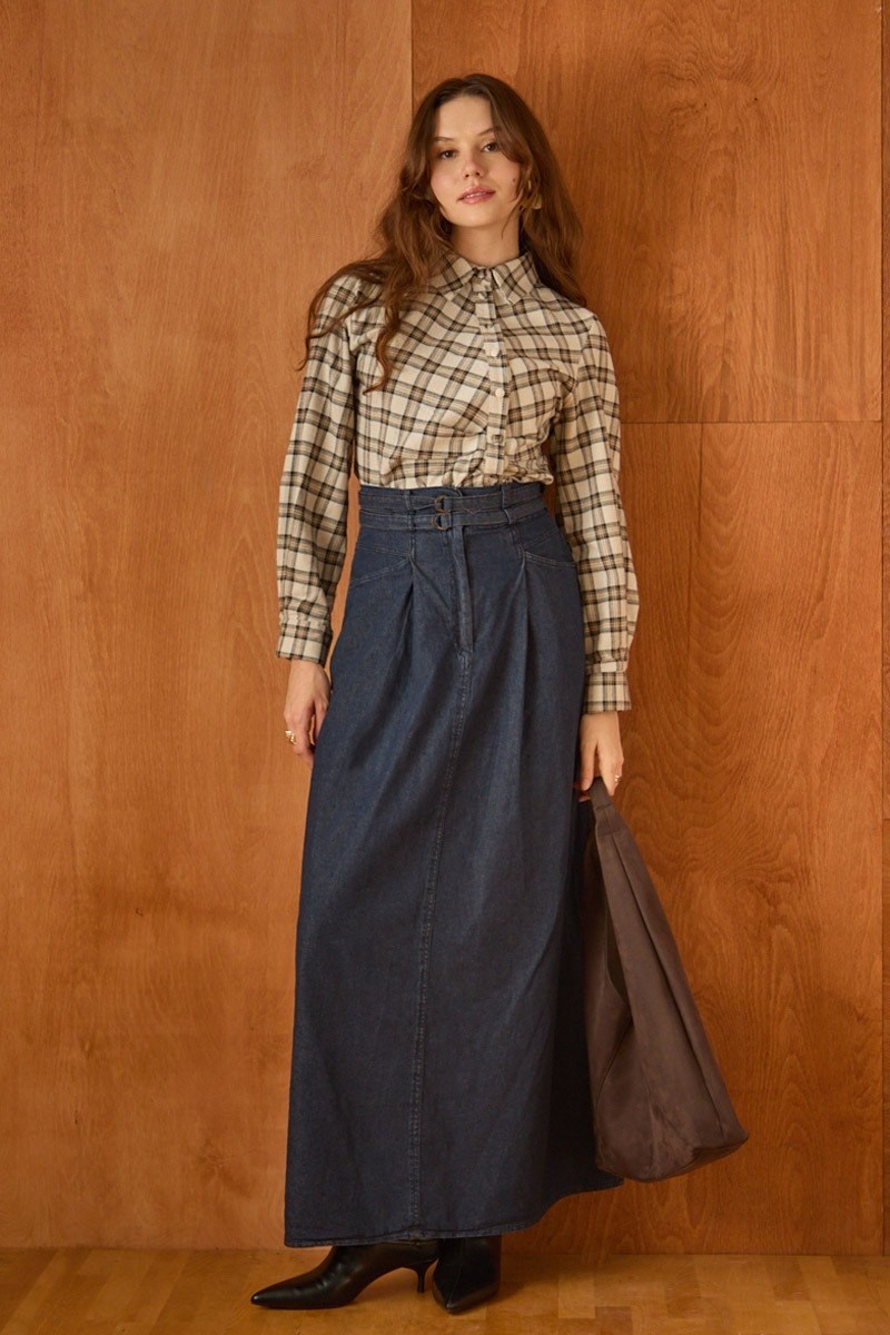 Çift Kuşaklı Denim Etek Koyu Mavi