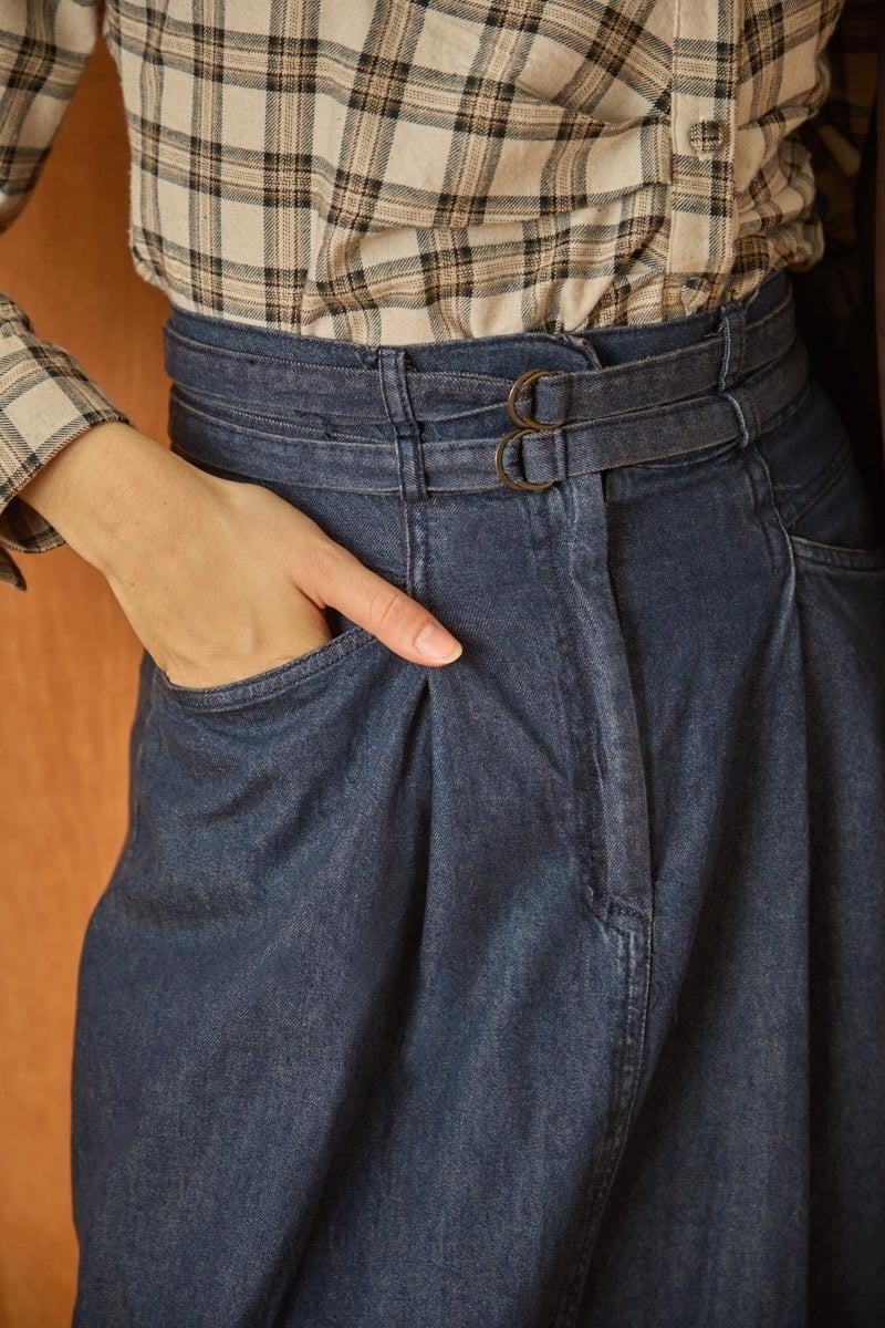 Çift Kuşaklı Denim Etek Koyu Mavi