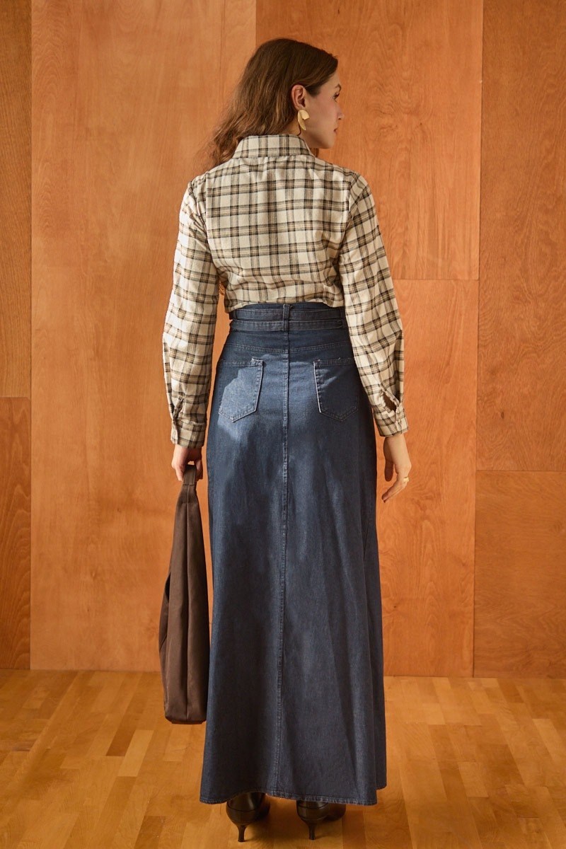Çift Kuşaklı Denim Etek Koyu Mavi