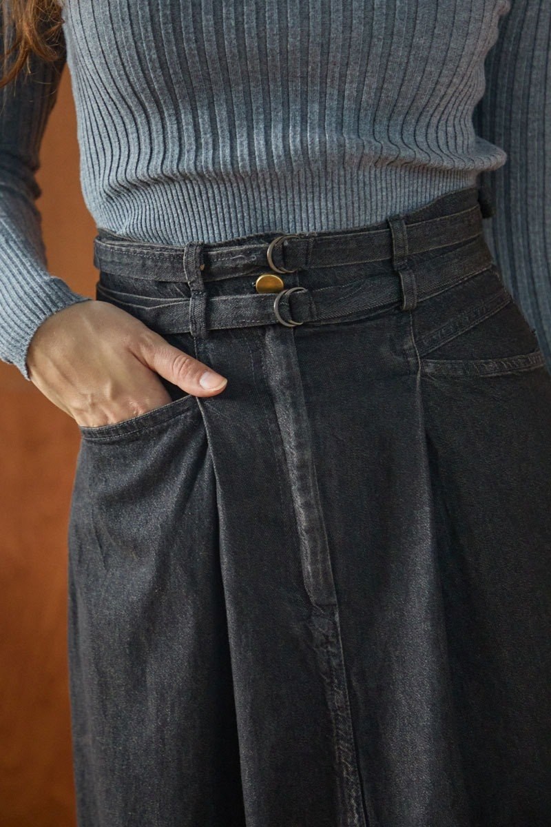 Çift Kuşaklı Denim Etek Açık Mavi