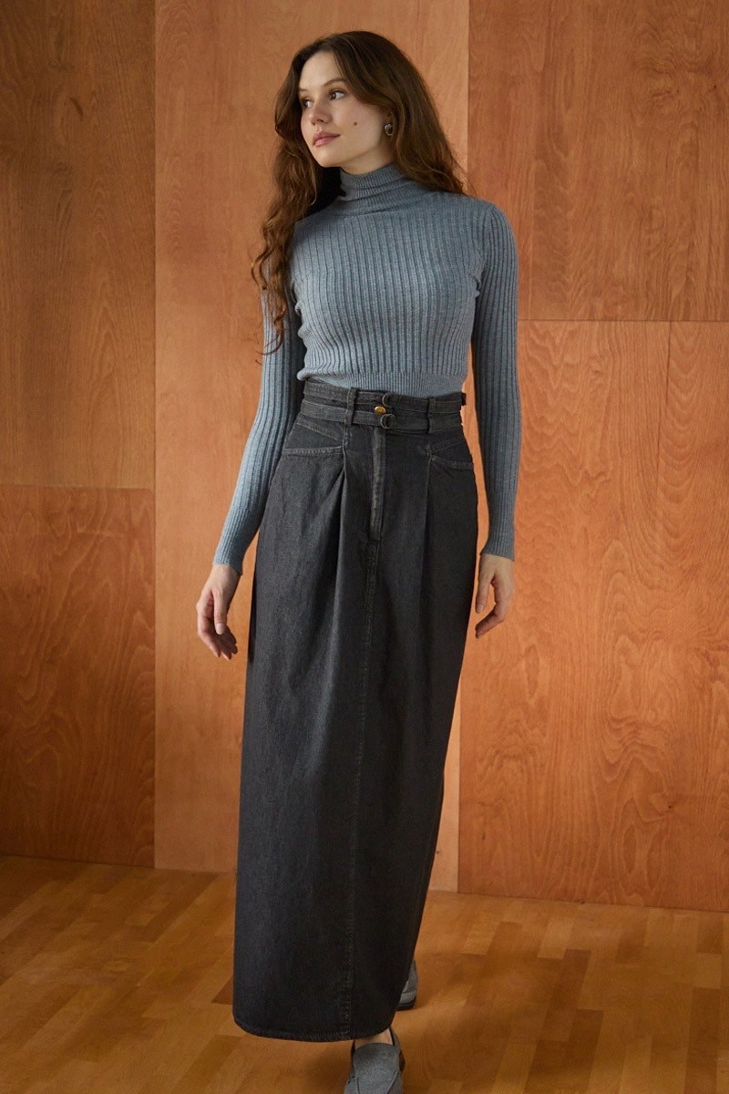 Çift Kuşaklı Denim Etek Açık Mavi