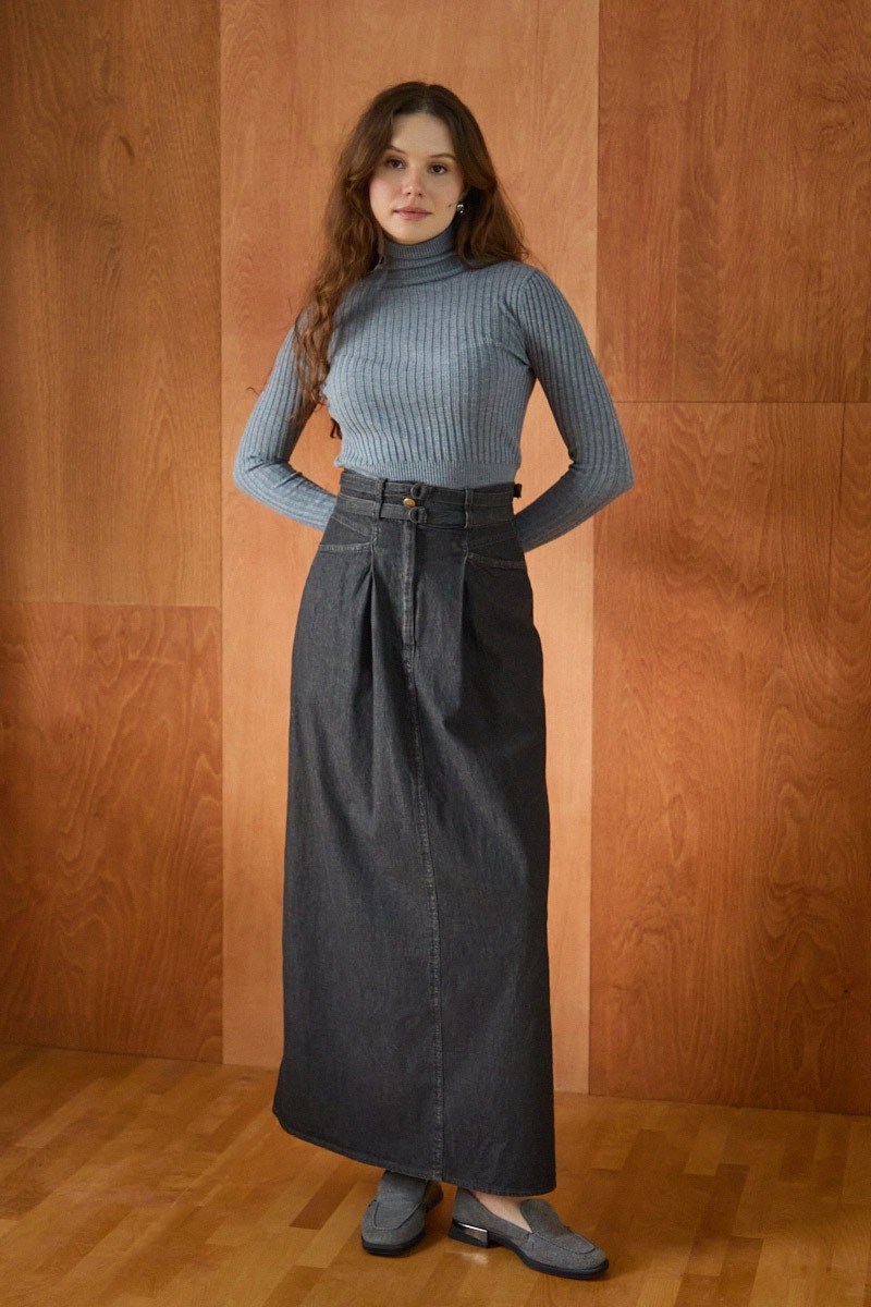 Çift Kuşaklı Denim Etek Açık Mavi