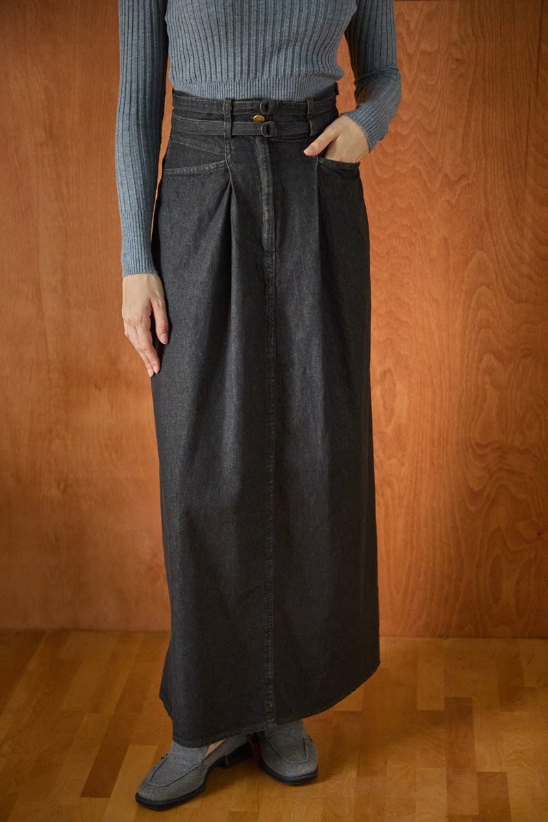 Çift Kuşaklı Denim Etek Açık Mavi