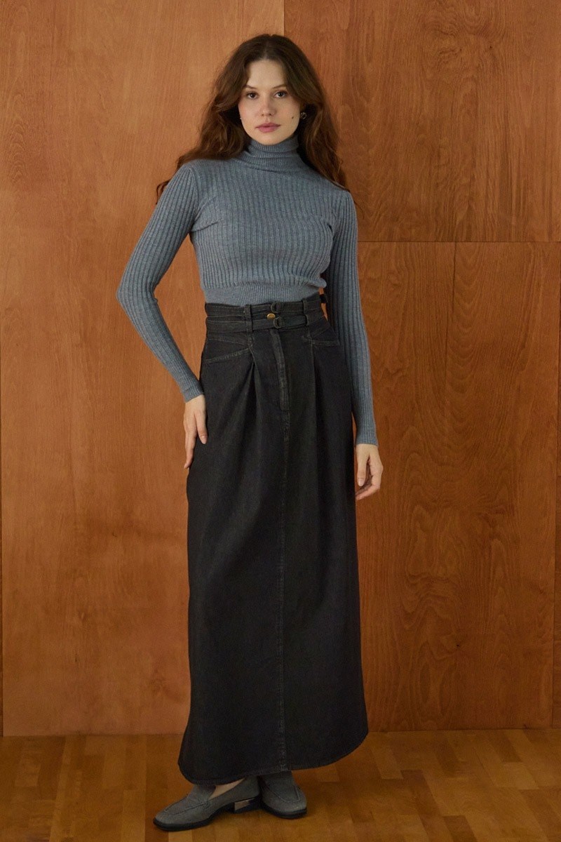 Çift Kuşaklı Denim Etek Açık Mavi