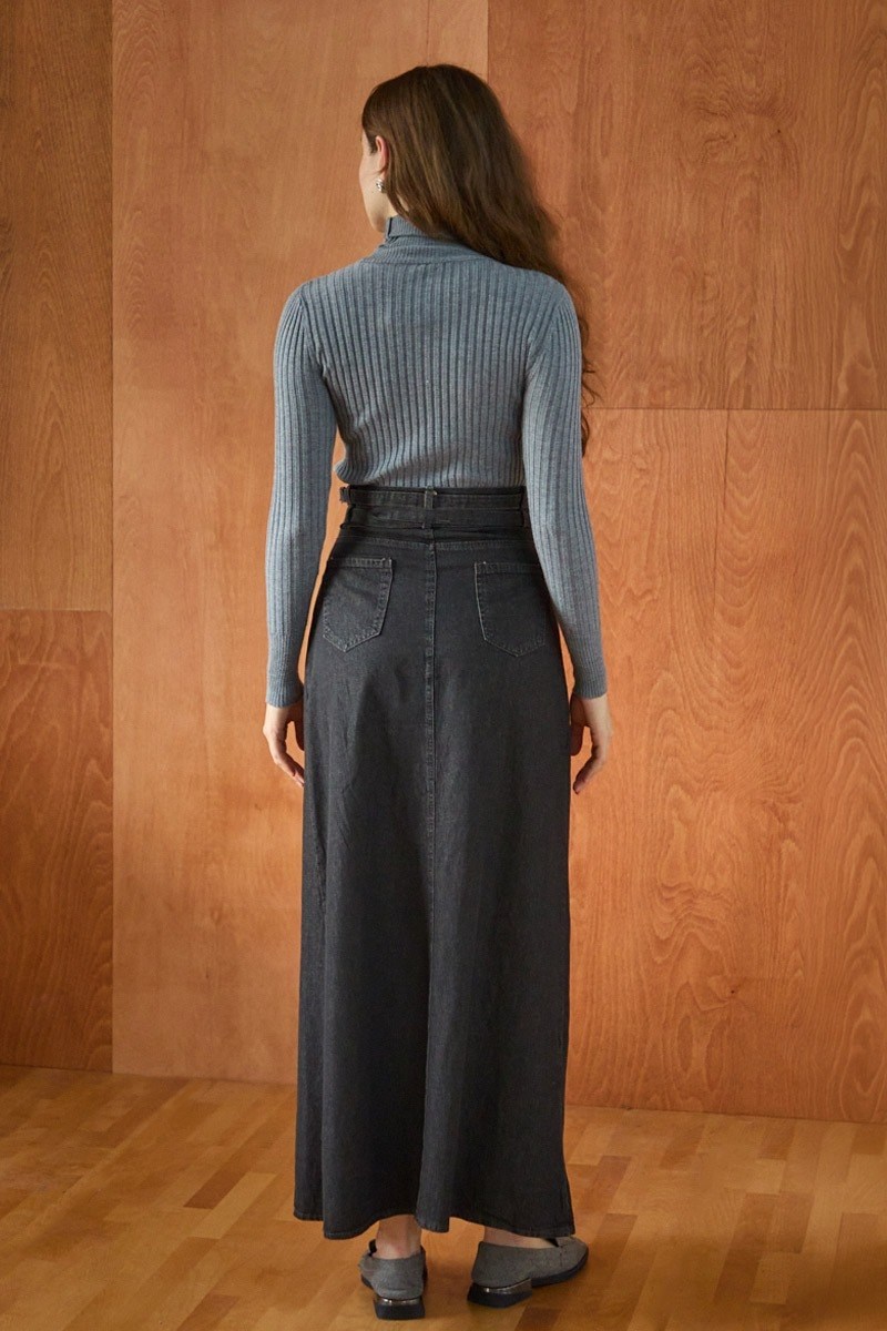Çift Kuşaklı Denim Etek Açık Mavi