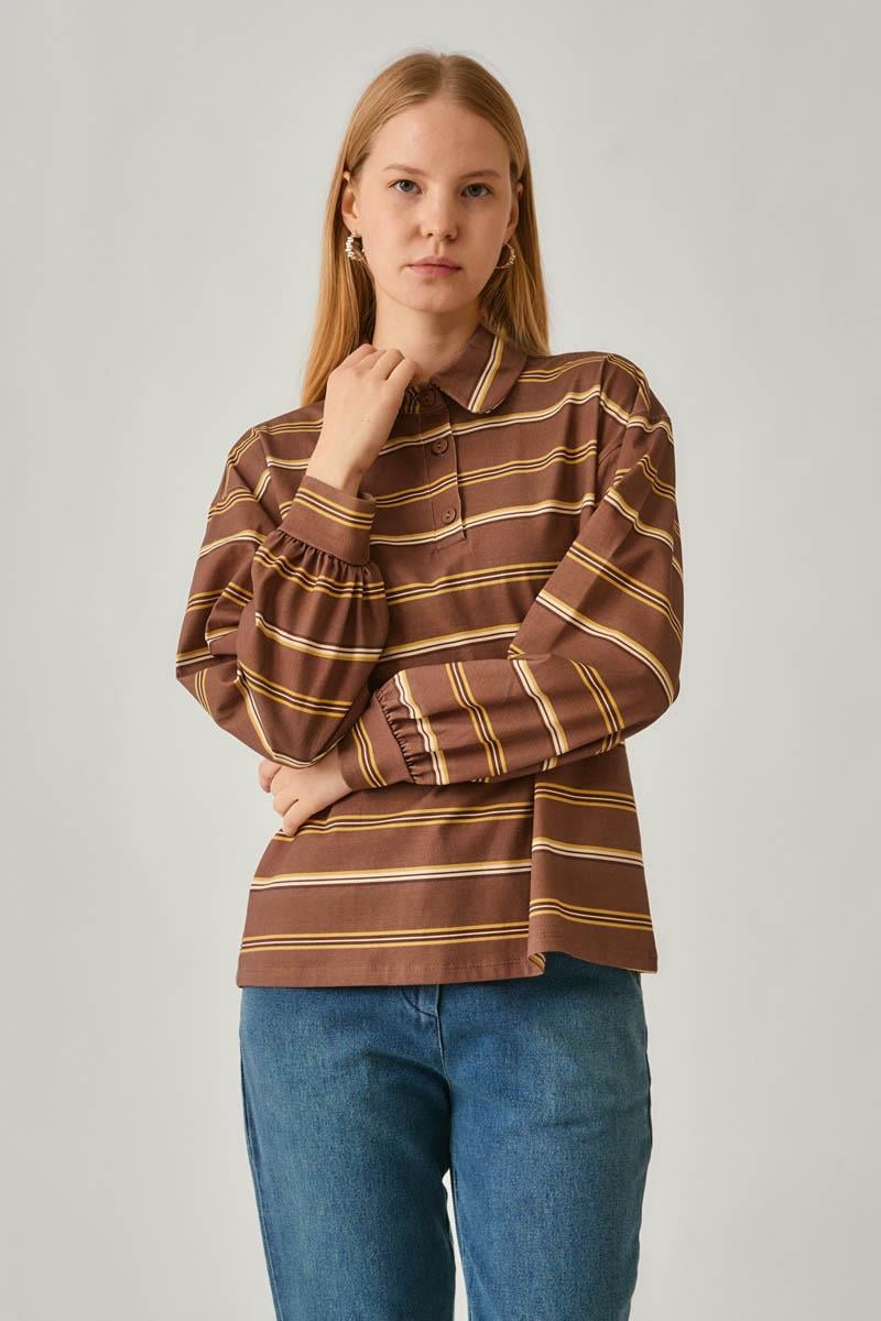 Çizgi Baskılı Sweatshirt Kahverengi