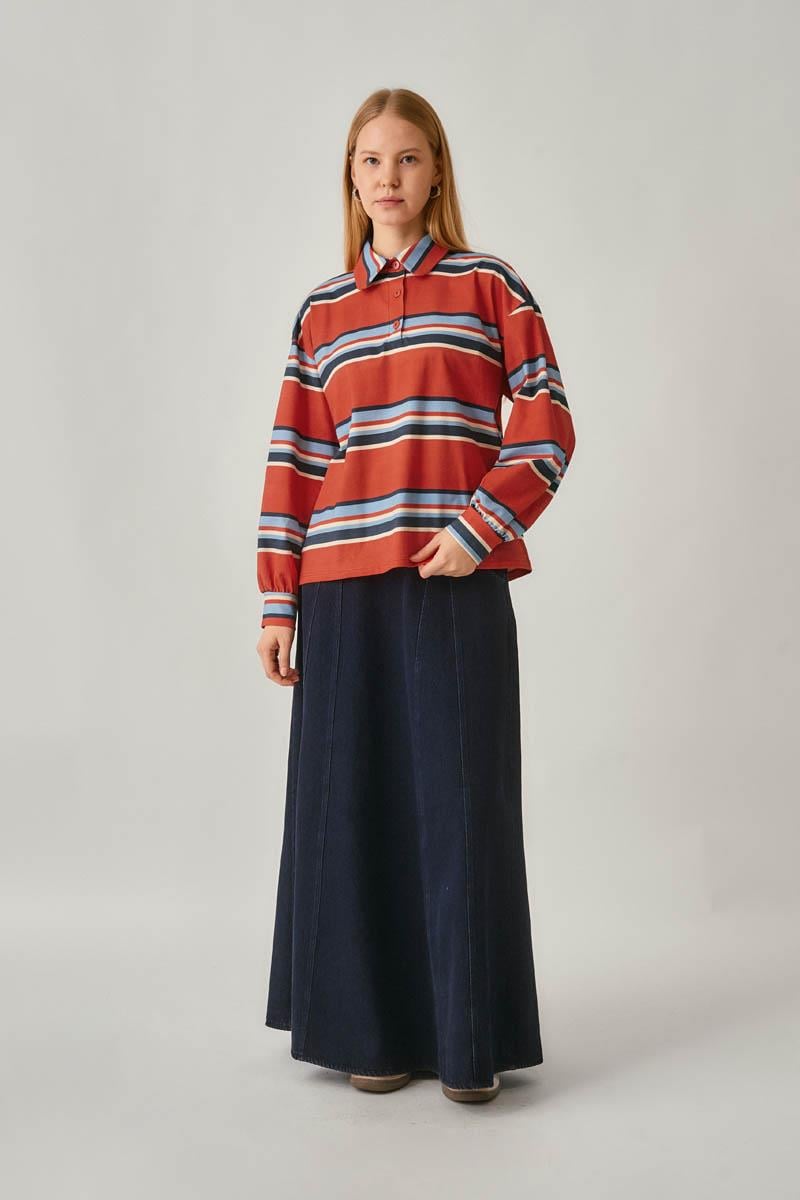 Çizgi Baskılı Sweatshirt Kırmızı