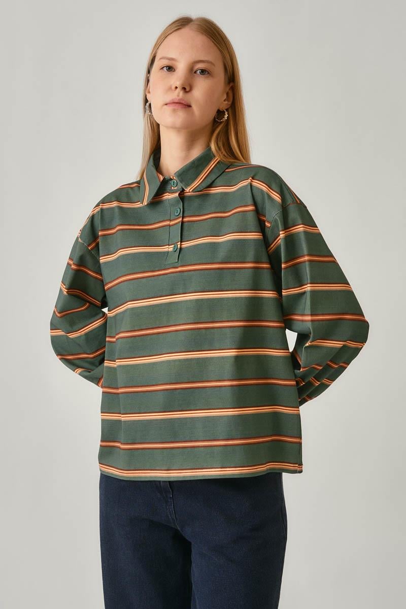 Çizgi Baskılı Sweatshirt Koyu Yeşil