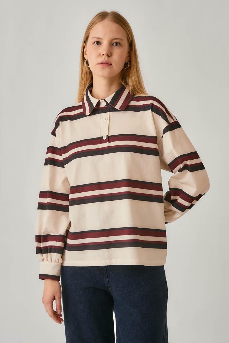 Çizgi Baskılı Sweatshirt Taş