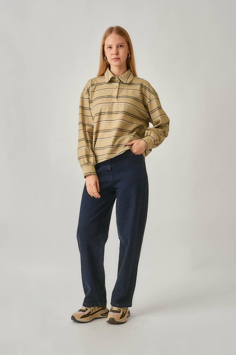 Çizgi Baskılı Sweatshirt Toprak Yeşili