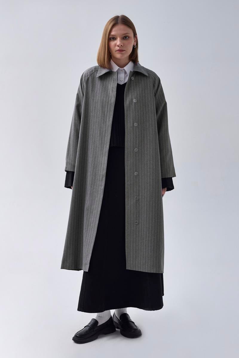 Çizgi Desenli Trençkot Gri