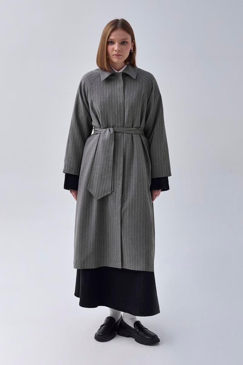 Çizgi Desenli Trençkot Gri