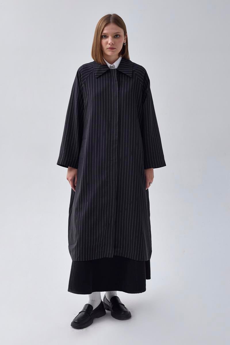 Çizgi Desenli Trençkot Siyah