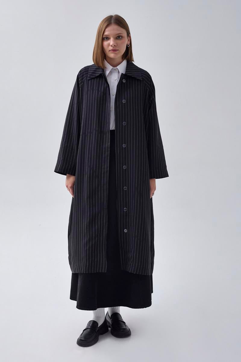 Çizgi Desenli Trençkot Siyah