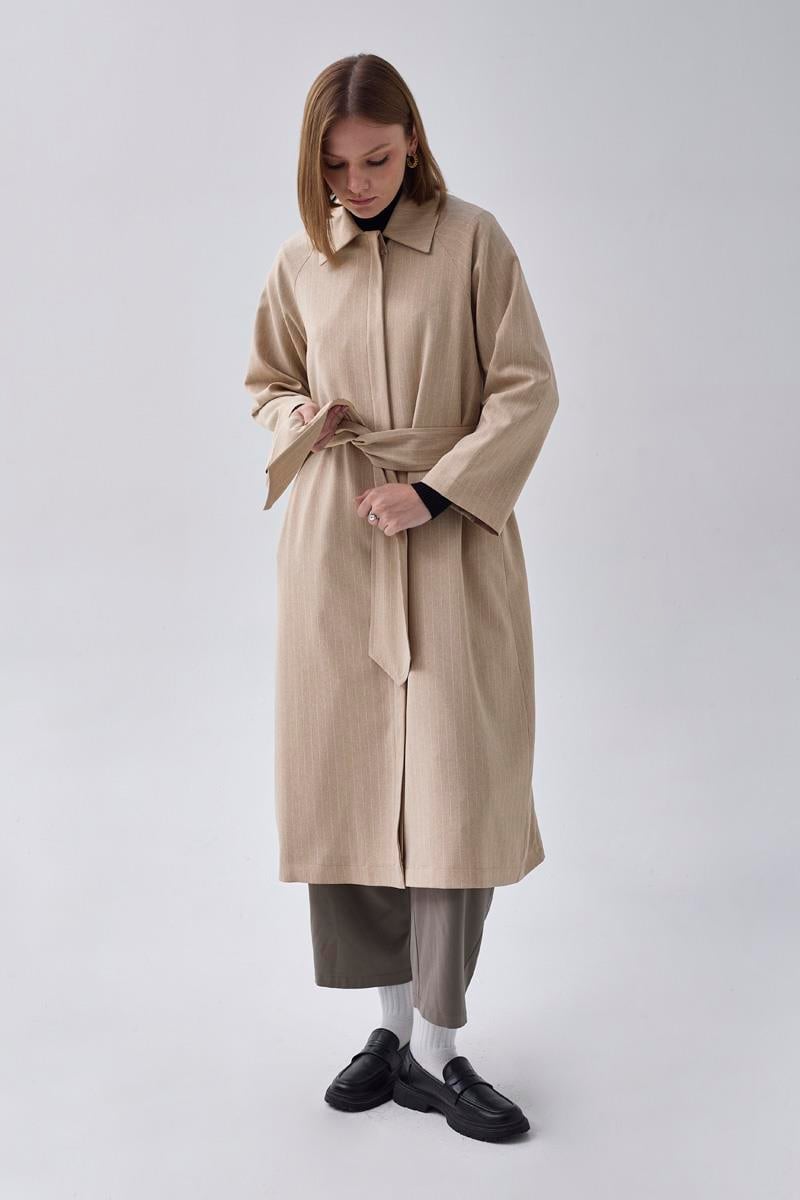 Çizgi Desenli Trençkot Taş