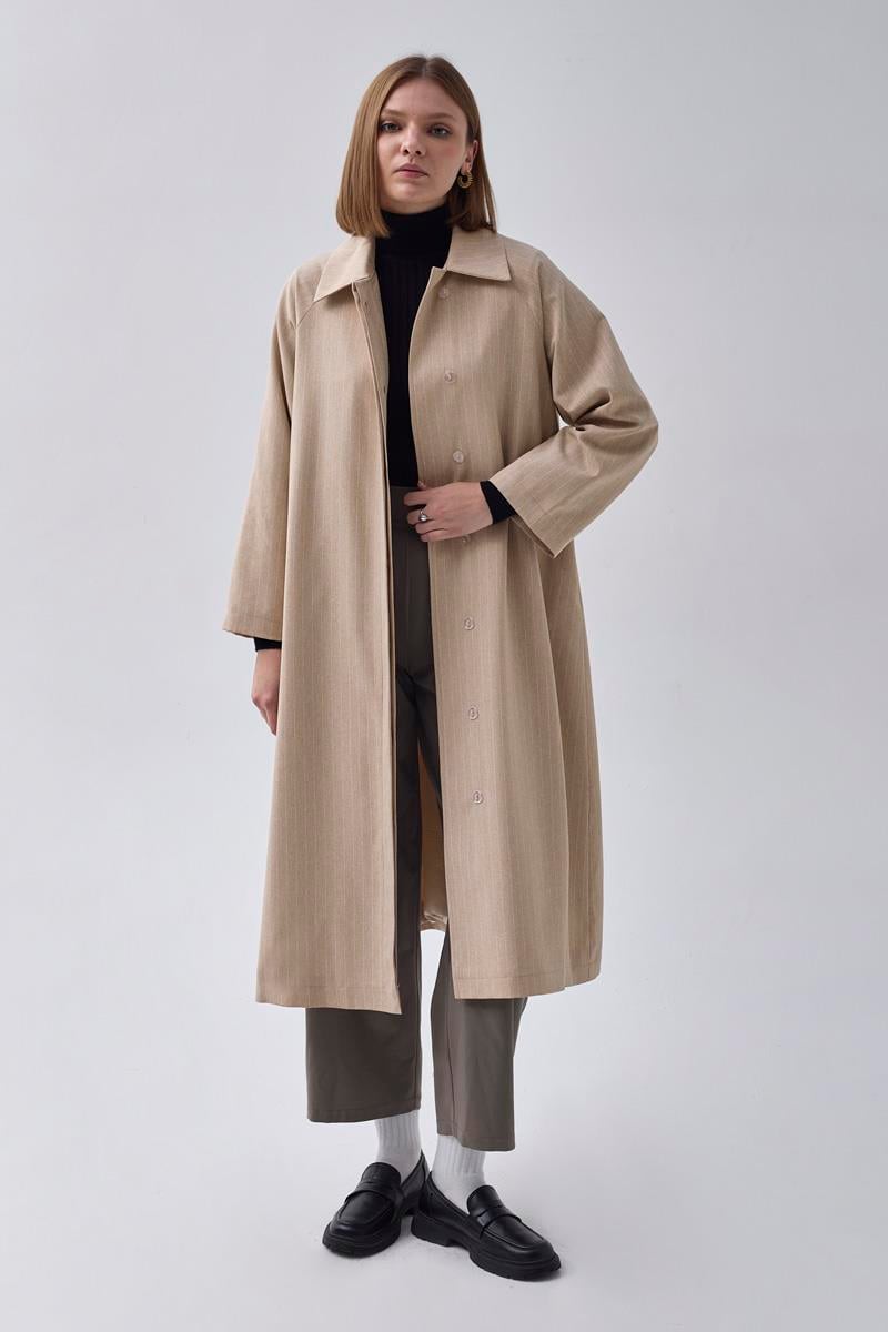 Çizgi Desenli Trençkot Taş