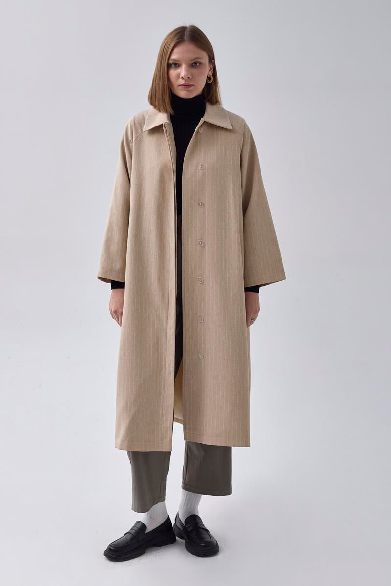 Çizgi Desenli Trençkot Taş