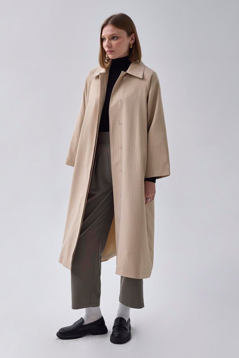 Çizgi Desenli Trençkot Taş