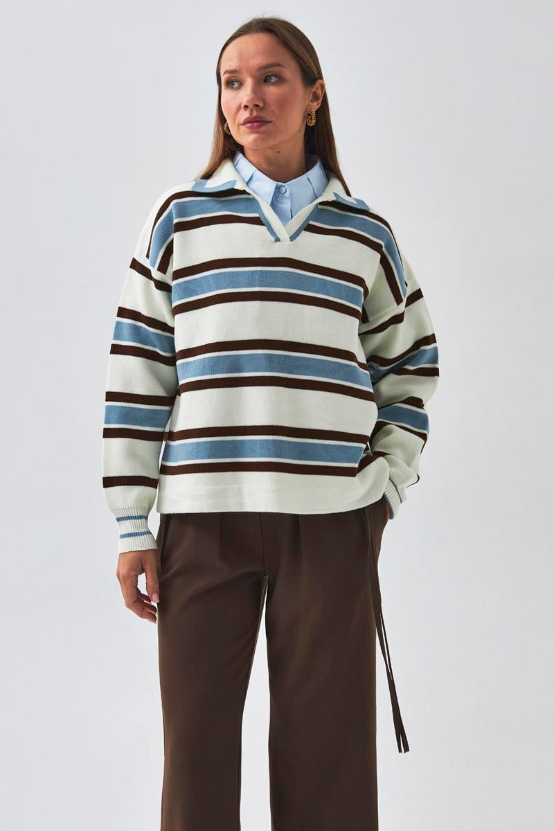 Çizgili Polo Kazak Beyaz