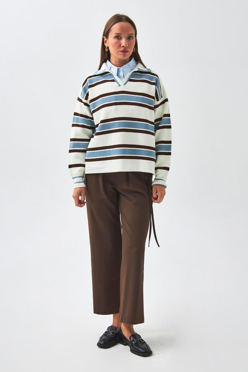 Çizgili Polo Kazak Beyaz