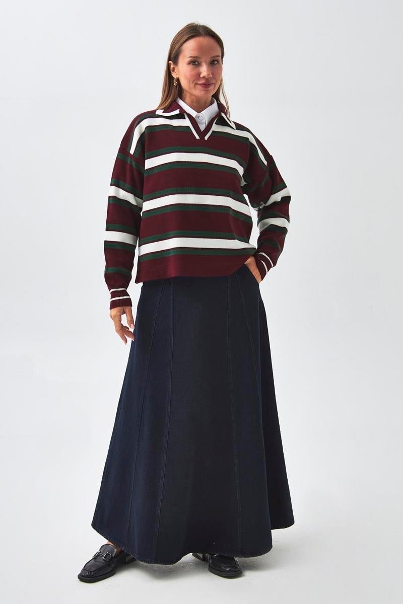 Çizgili Polo Kazak Bordo