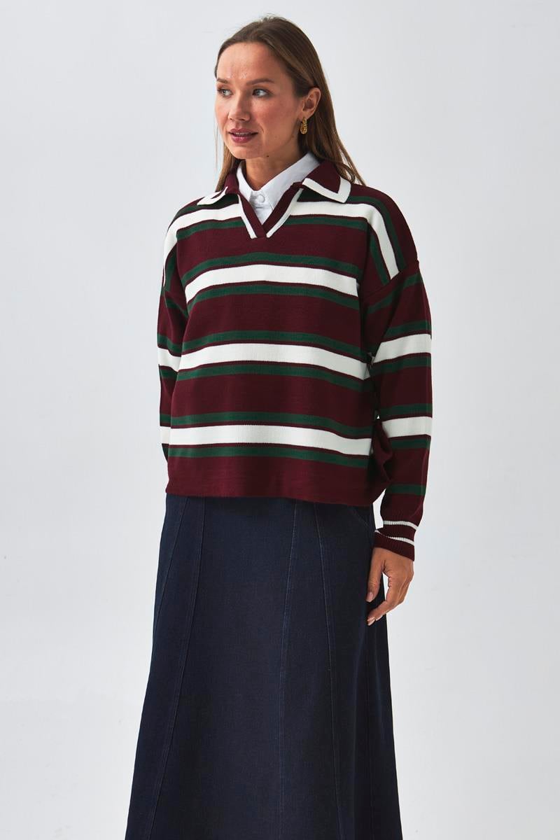Çizgili Polo Kazak Bordo
