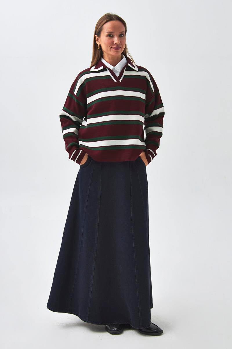 Çizgili Polo Kazak Bordo