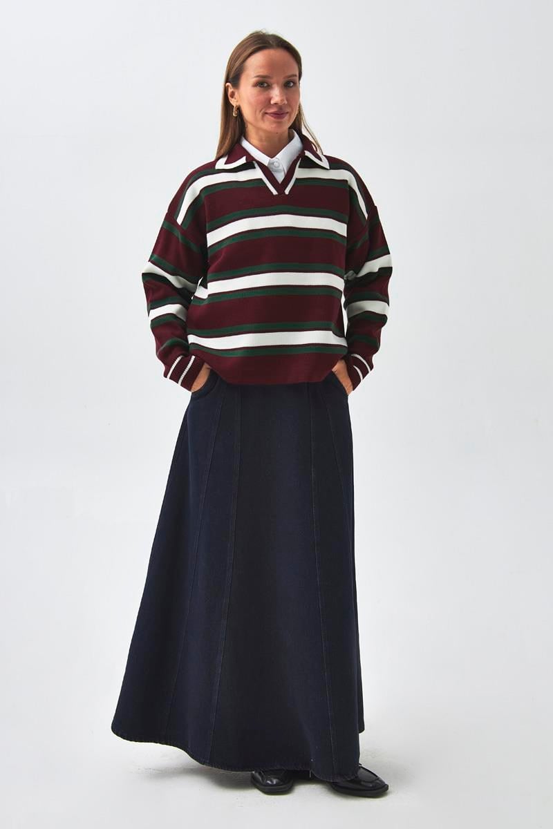 Çizgili Polo Kazak Bordo