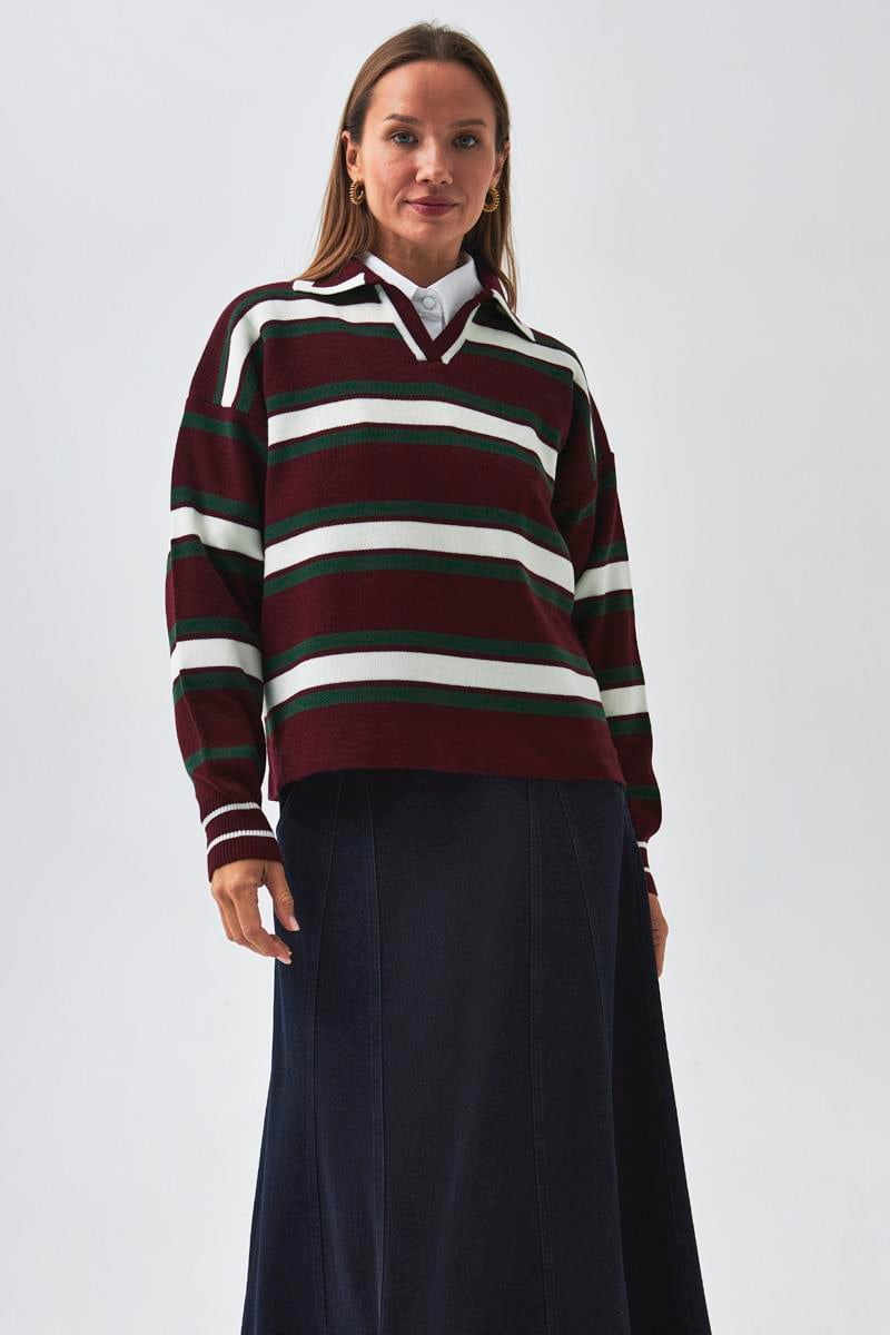 Çizgili Polo Kazak Bordo