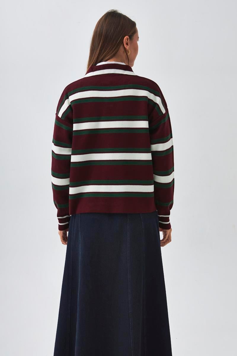 Çizgili Polo Kazak Bordo