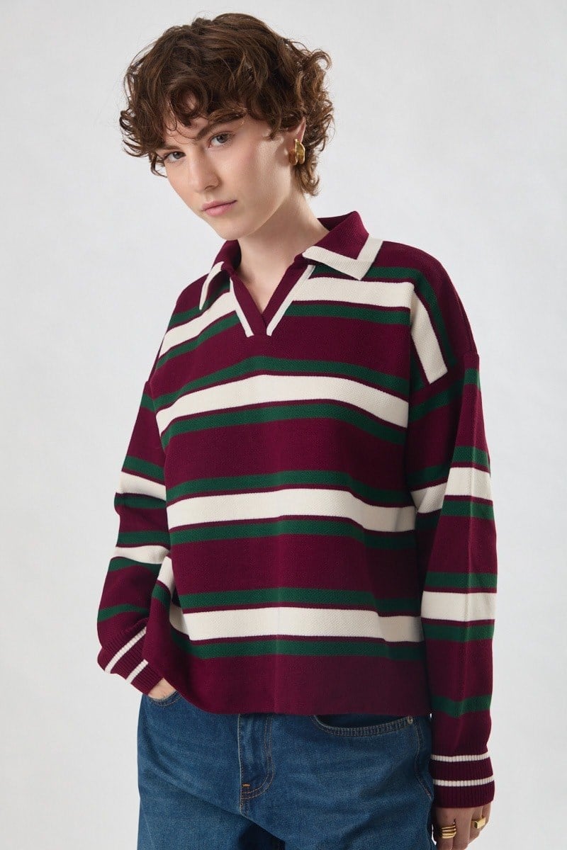 Çizgili Polo Kazak Bordo