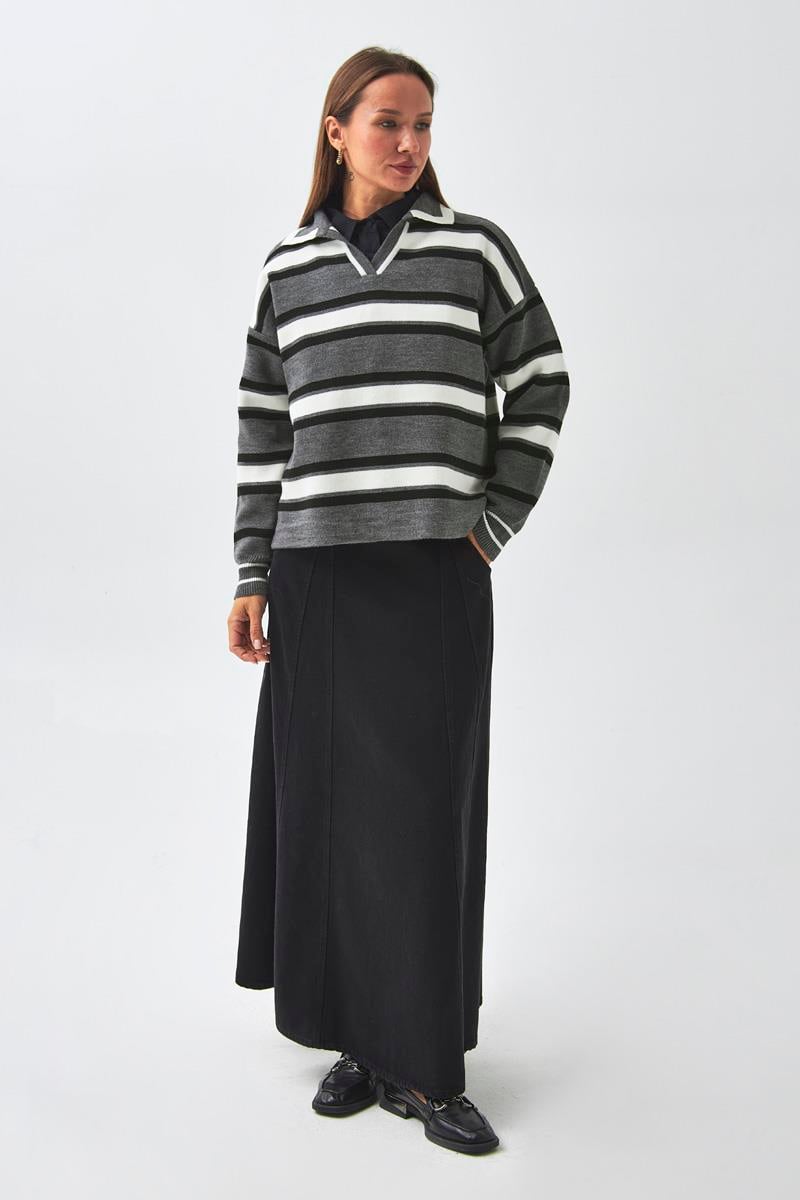 Çizgili Polo Kazak Gri