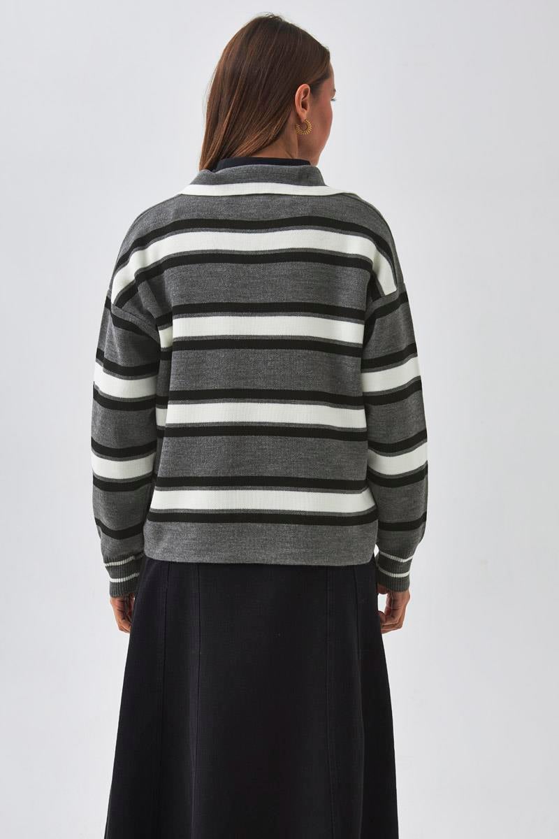 Çizgili Polo Kazak Gri