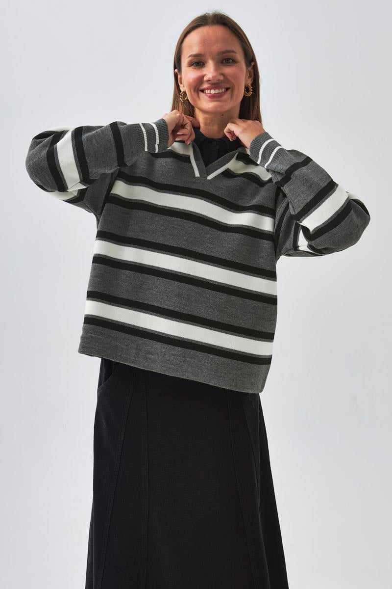 Çizgili Polo Kazak Gri