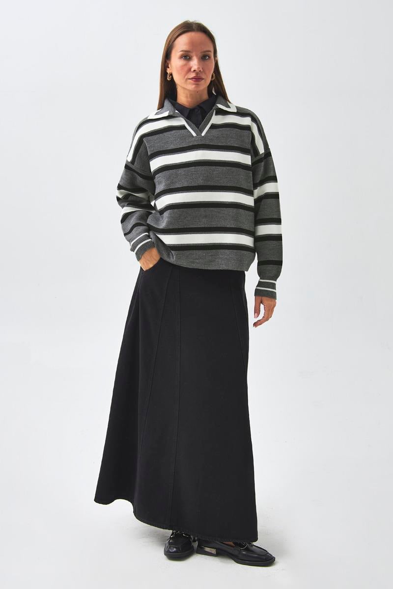 Çizgili Polo Kazak Gri