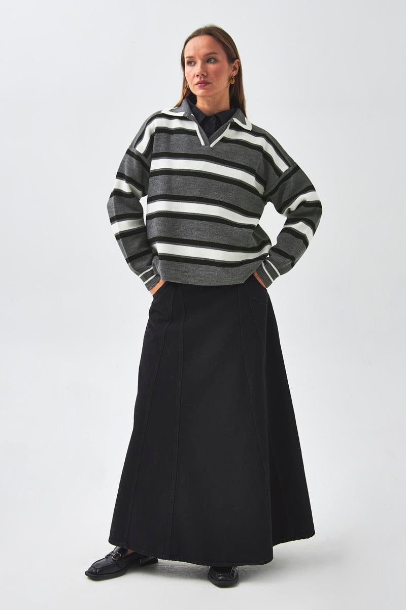 Çizgili Polo Kazak Gri