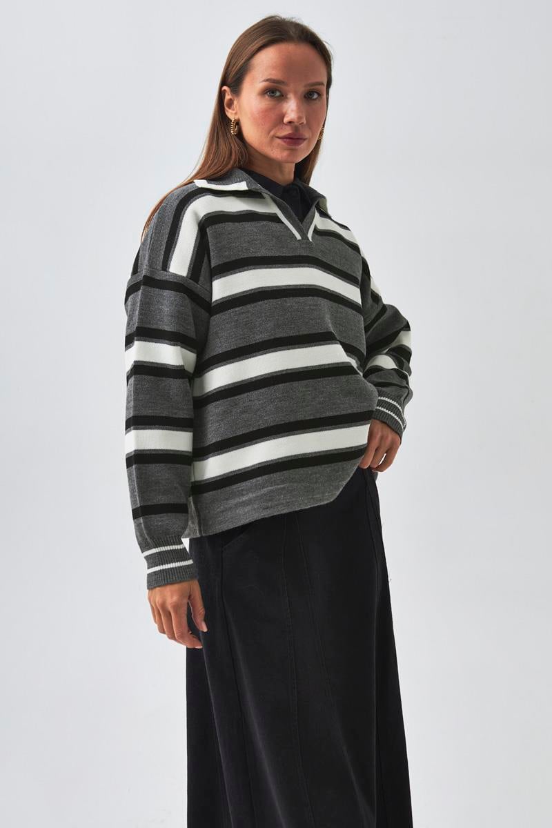 Çizgili Polo Kazak Gri